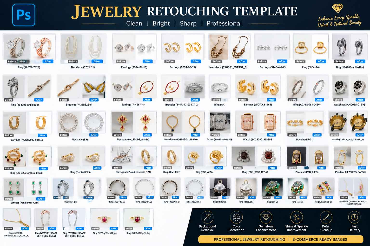Professional Jewelry Retouching and Photo Editing services using Adobe Photoshop. Enhance diamonds, gemstones, gold, silver, shine, color, details, and product quality for e-commerce and luxury jewelry brands.